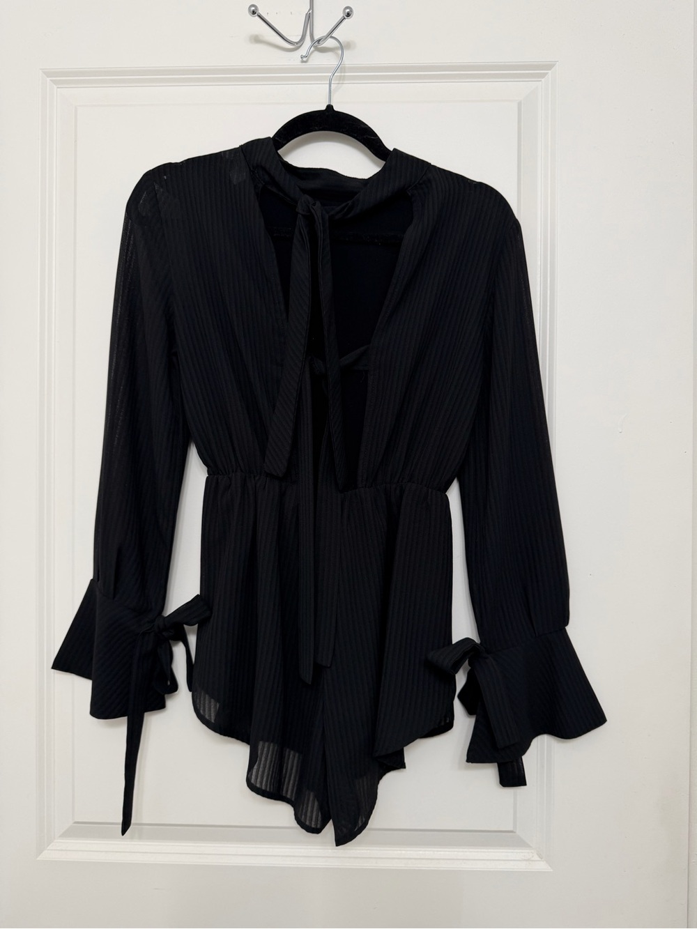 Black Tie-Neck Long-Sleeve Blouse with Flared Cuffs